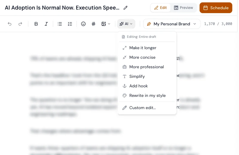 The AI editor with the AI menu open — make it longer, more concise, add hook, rewrite in my style — above the post being edited