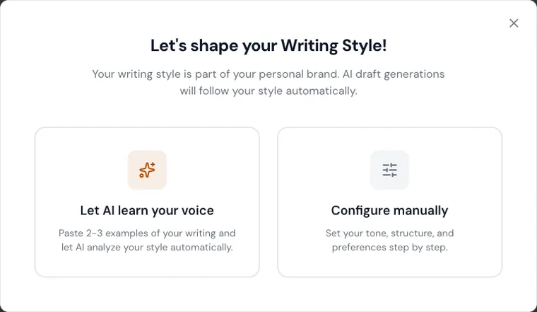 Create a Writing Style dialog with options to let AI learn your voice or configure manually